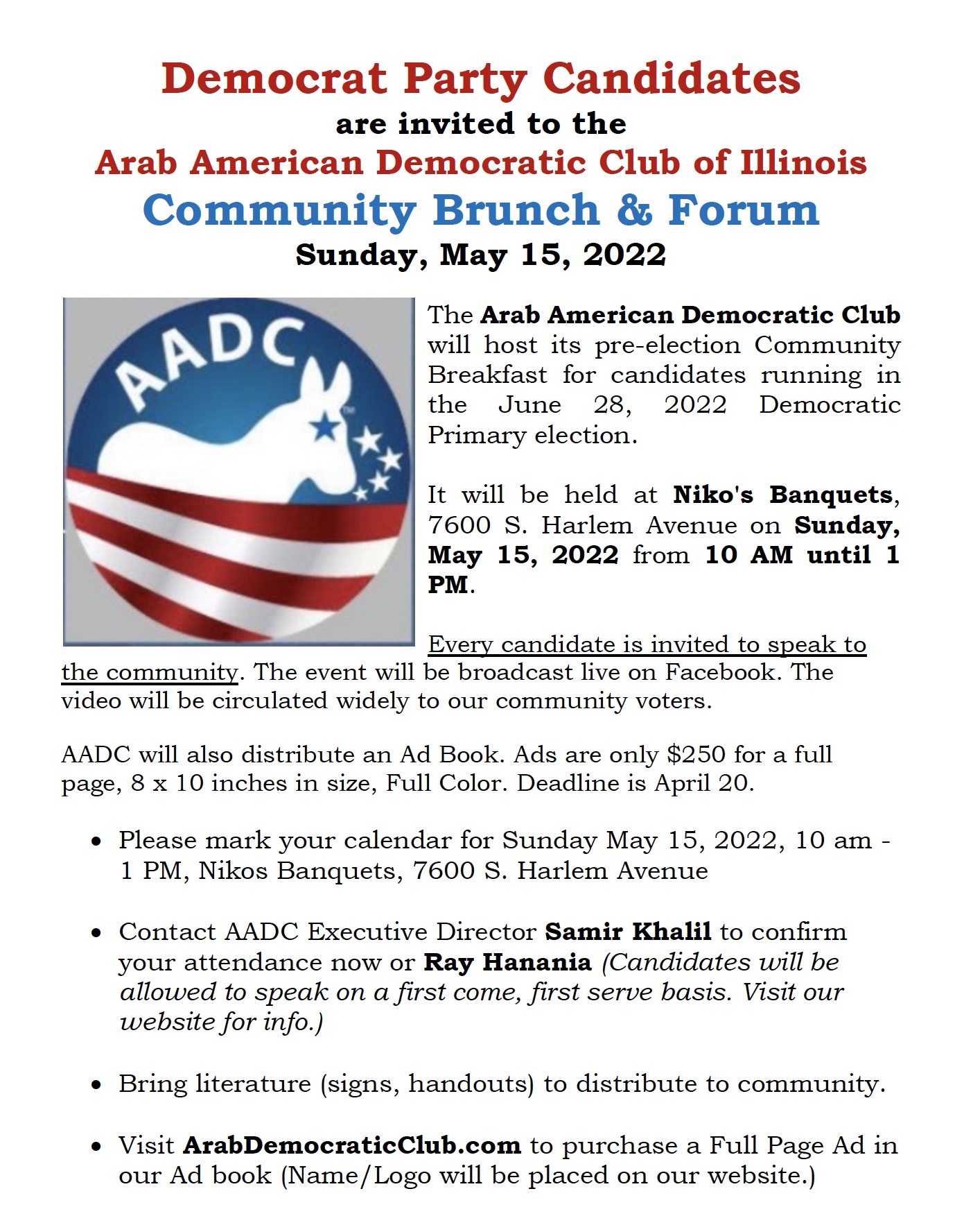 AADC May 15, 2022 Candidates Brunch & Forum, Nikos Banquets. Candidate's Flyer