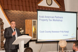 Nearly 100 people attended the event at Nikos Banquets in Bridgview on Thursday, May 11, Illinois where Cook County Assessor Fritz Kaegi described the property tax appeal process.